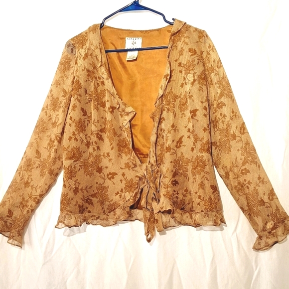Ice Tops - 3/$20-Silk Boho Floral Blouse, Gold, Ruffles, Long Sleeves, ICE brand